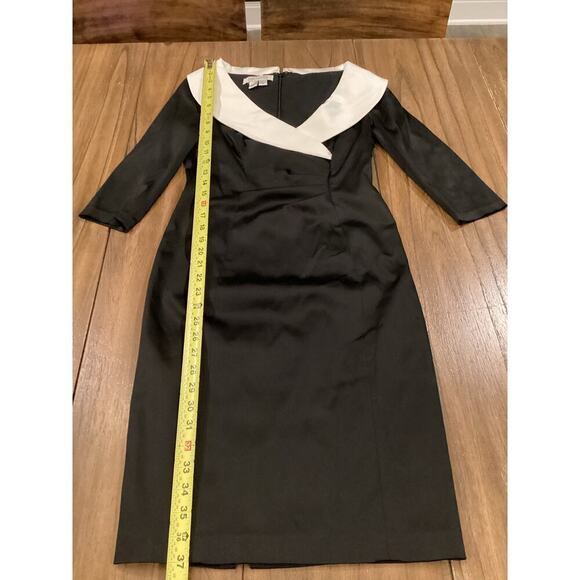 Kay Unger Portrait Black white V-Neck Shawl Collared Sheath ruche cocktail dress - Picture 4 of 12